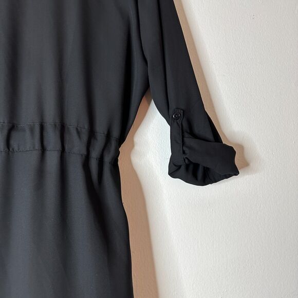 ReVamped Black Flowy Roll Tab Sleeve Tie Waist Waterfall Neck Wrap Dress Small - Picture 5 of 14